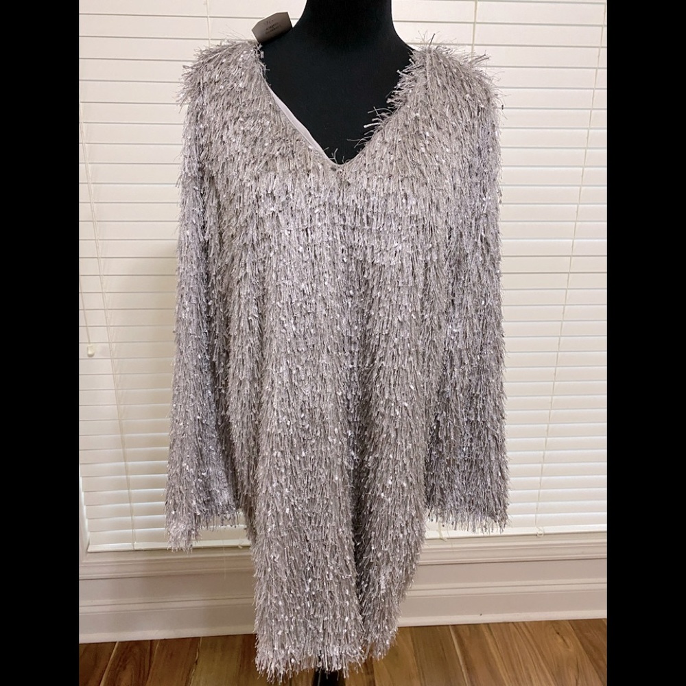 NWT Love Riche silver shag dress with wide sleeve!